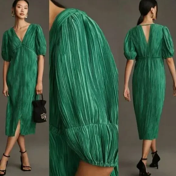 green emerald velvet dress Maeve - Anthropologie Strapless Oliver Green Pleated MIDI Dress - Buttoned  Under Breast- Could Separate and Make a 2 Piece Set main image 0